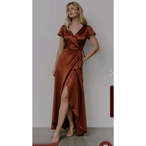 Baltic Born -Krystal Satin Wrap Gown Cinnamon Maxi Dress Size Small Flirty Fall - Picture 1 of 11